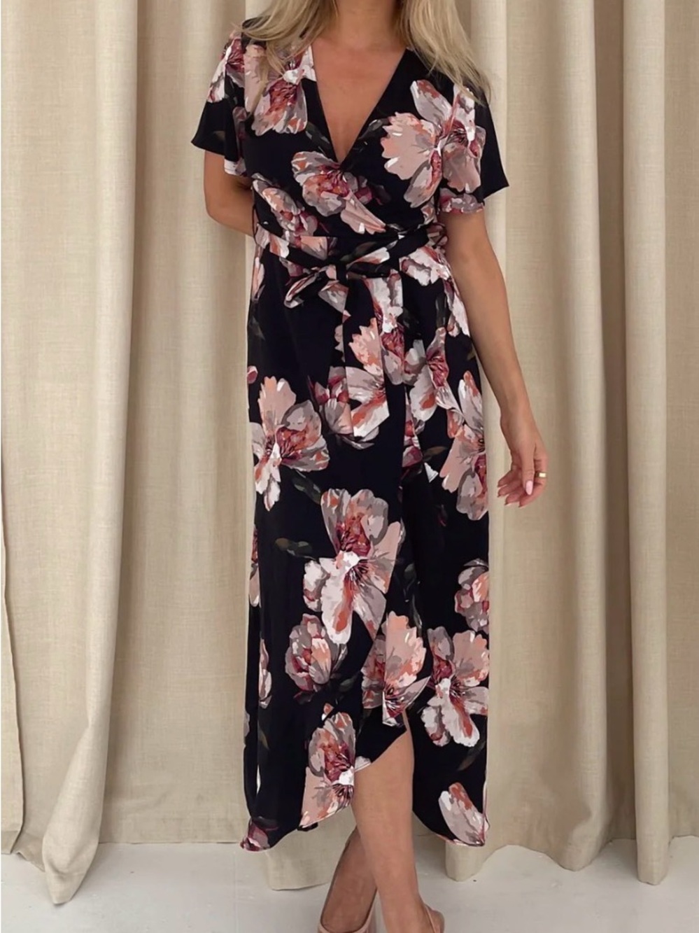 Black Floral Wrap Midi Dress with Pink Blooms